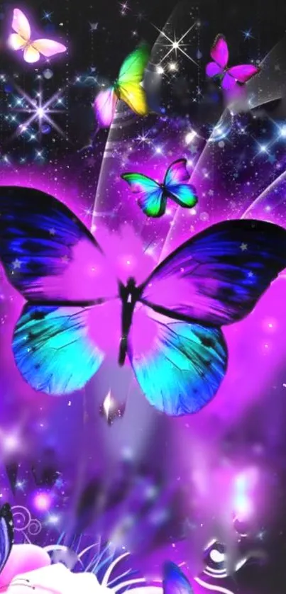 Colorful butterfly wallpaper with purple hues.