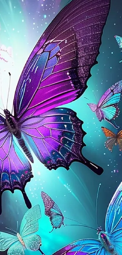 Vibrant purple butterfly wallpaper with fantasy elements.