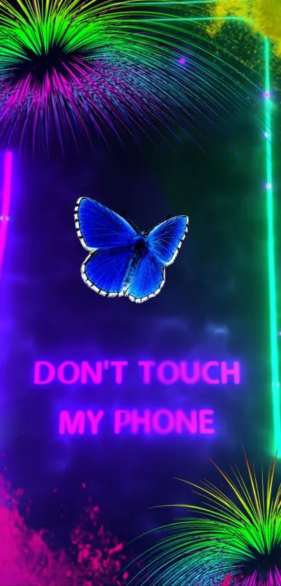 Neon butterfly on vibrant background with text.