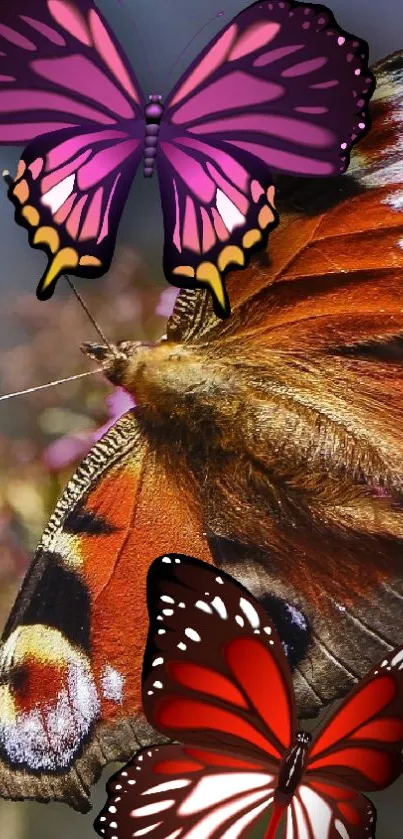 Vibrant wallpaper with colorful butterflies in flight against a natural backdrop.