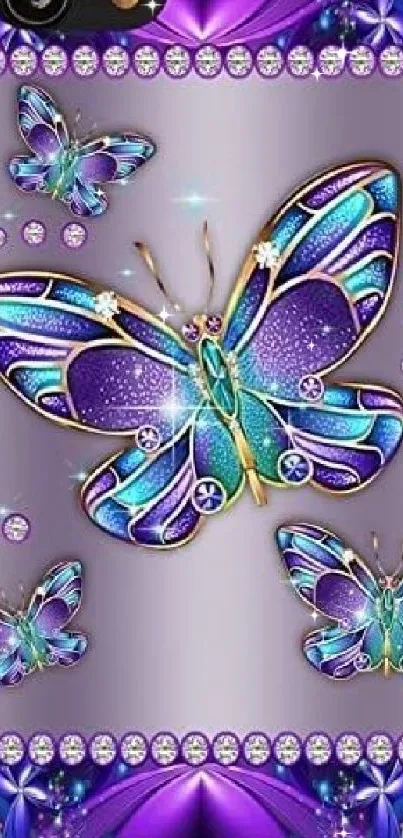 Vibrant purple and blue butterfly wallpaper with glitter accents.