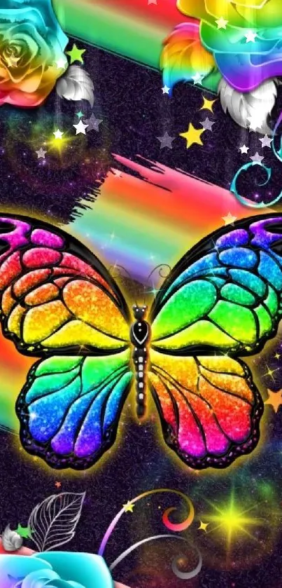 Vibrant rainbow butterfly with colorful roses.