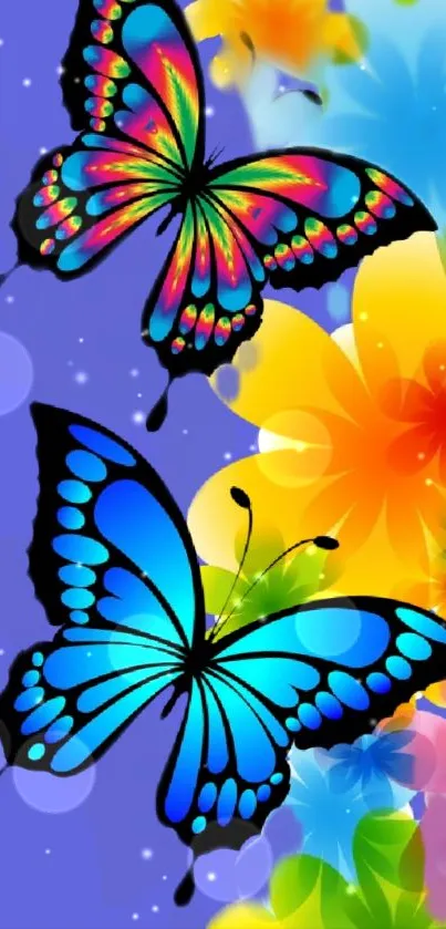Vibrant wallpaper featuring colorful butterflies and flowers.