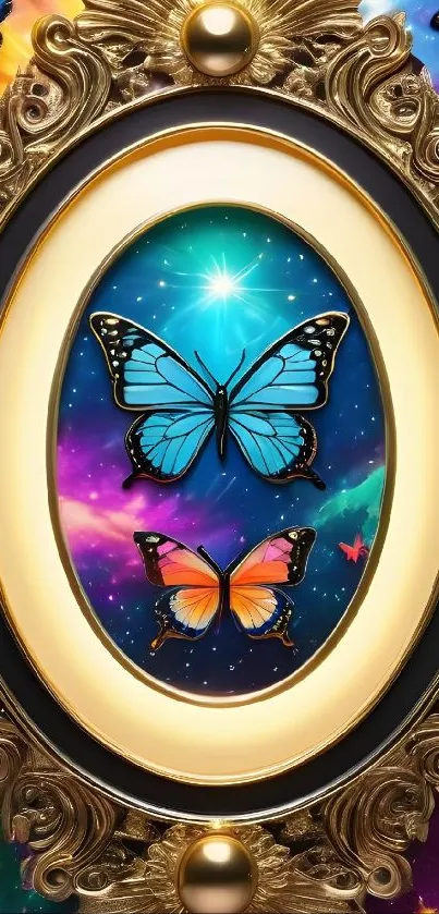 Elegant butterfly cosmic wallpaper with ornate golden frame.