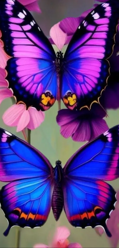 Vibrant purple and blue butterflies on a pink floral background.