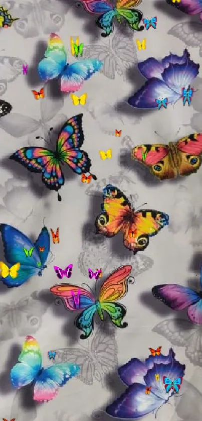 Colorful butterfly wallpaper with vibrant wings on a gray background.