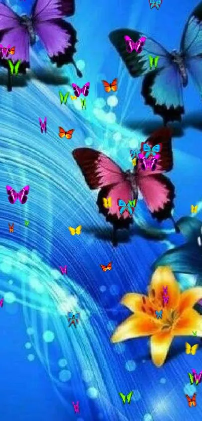 Colorful butterflies and flowers on a vivid blue background wallpaper.