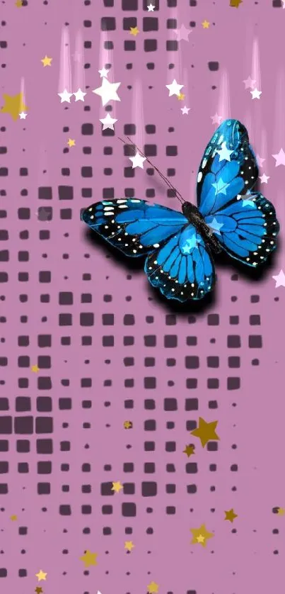 Blue butterfly on a purple background with stars wallpaper.