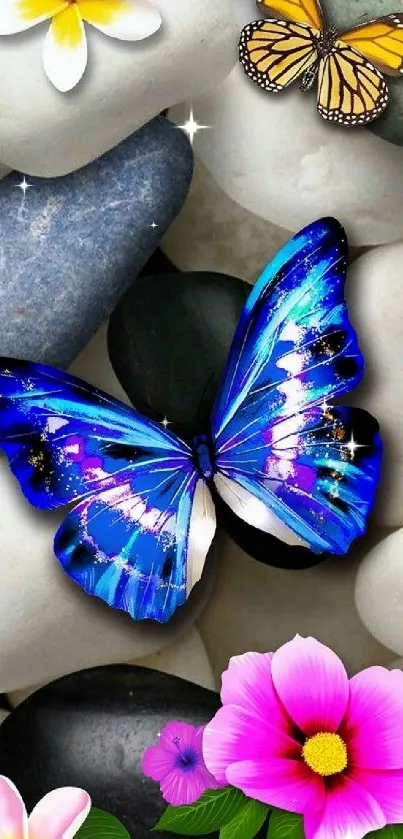 Vibrant blue butterfly with colorful flowers and stones wallpaper.