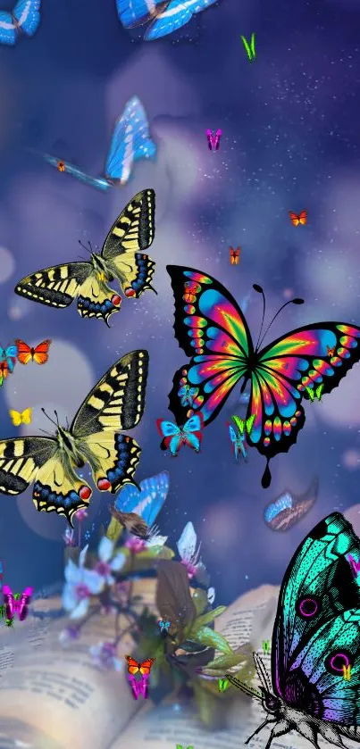 Colorful butterflies flying over an open book with a purple backdrop.