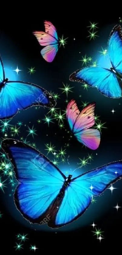 Vibrant blue and pink butterflies with glowing accents on a dark background.