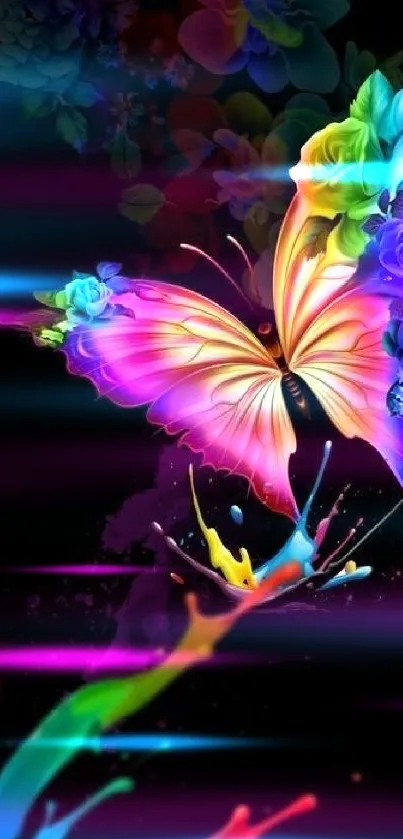 Vibrant butterfly with colorful splashes on a dark background.