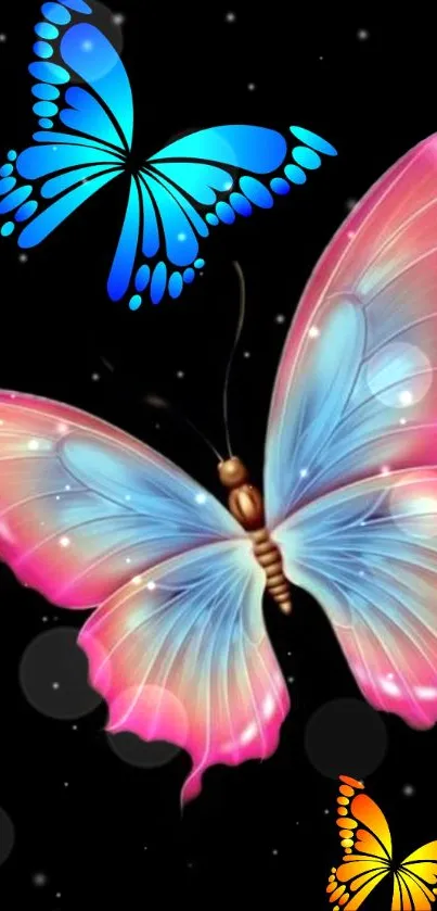 Vibrant butterflies with glowing colors on a black background mobile wallpaper.