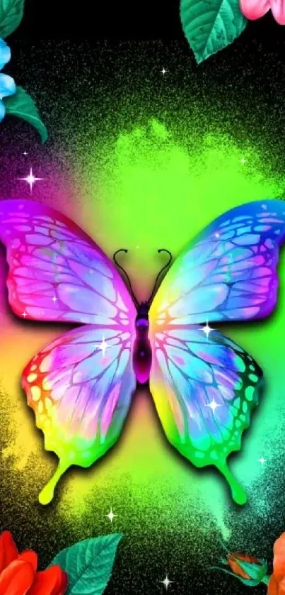 Colorful butterfly with vibrant flowers wallpaper.