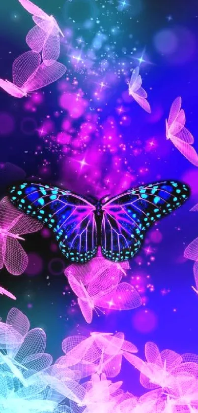 Vibrant neon butterfly wallpaper in blue and pink hues.