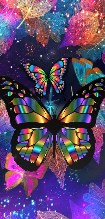 Vibrant cosmic-themed butterfly wallpaper with colorful leaves.