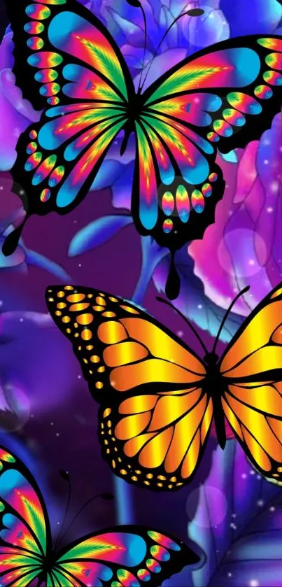 Colorful butterflies on a vibrant purple background with neon accents.