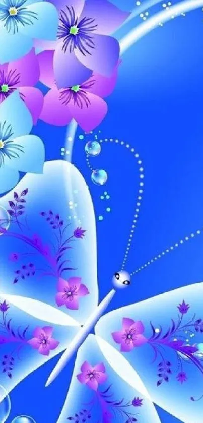 Vibrant blue and purple butterfly wallpaper with floral accents.