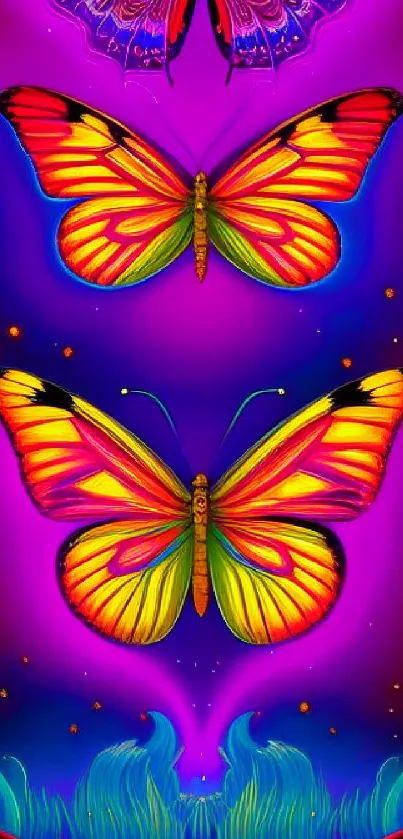 Vibrant butterfly with glowing neon colors on a purple background.