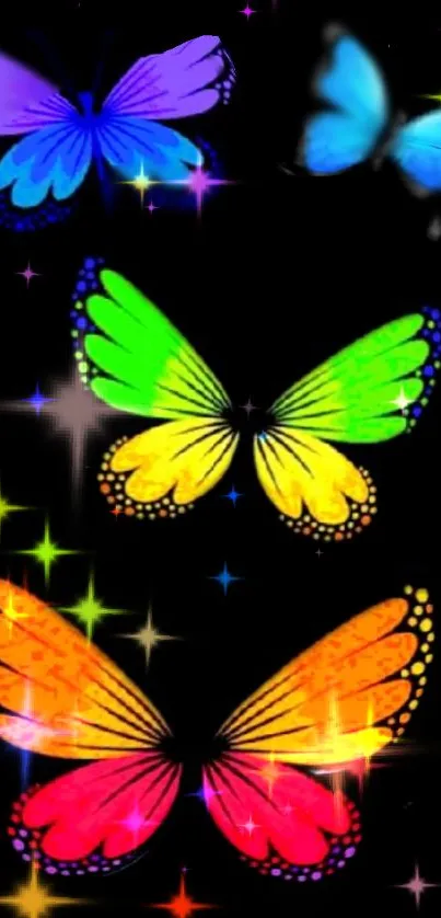 Vibrant black wallpaper with colorful butterflies.