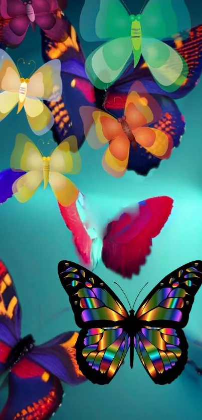 Colorful butterflies on a teal background design.