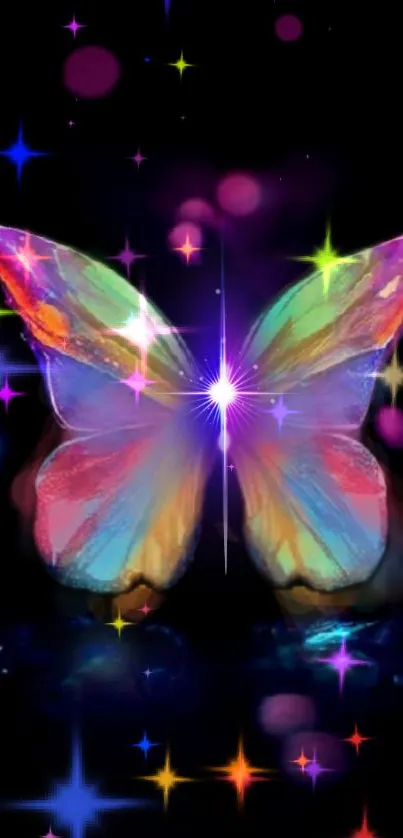 Colorful butterfly with glowing wings on dark background.