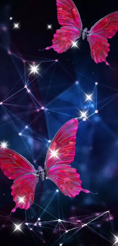 Pink butterflies on dark blue phone wallpaper.