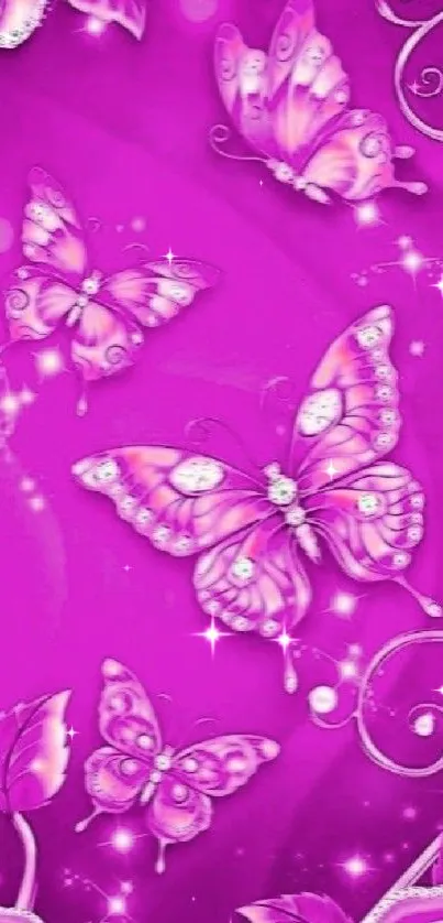 Vibrant pink wallpaper with butterflies and floral designs.