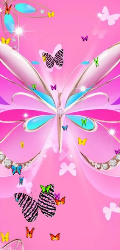 Pink butterfly wallpaper with sparkles and vibrant colors.