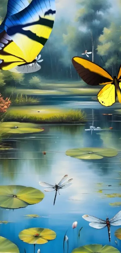 Colorful butterflies over a tranquil pond scene.