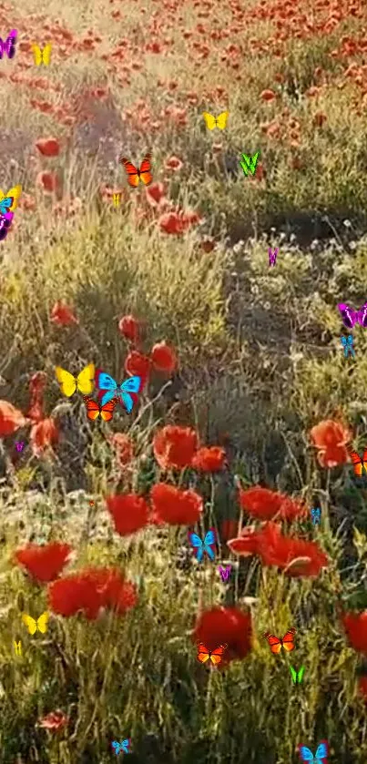 Vibrant poppy field with colorful butterflies fluttering.