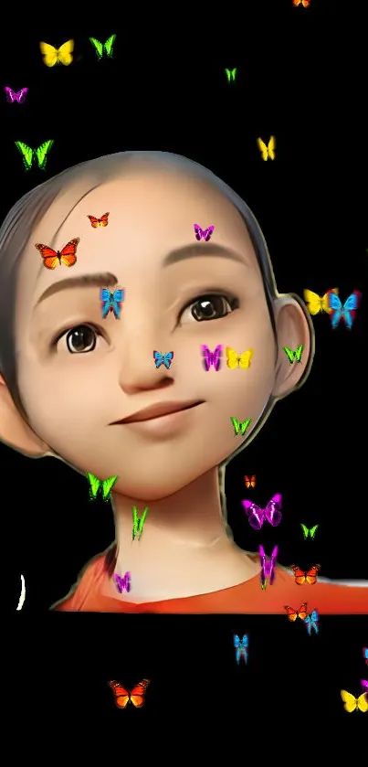 A whimsical character surrounded by colorful butterflies on a dark background.