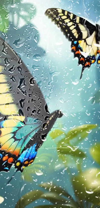 Mobile wallpaper with vibrant butterflies and raindrops.