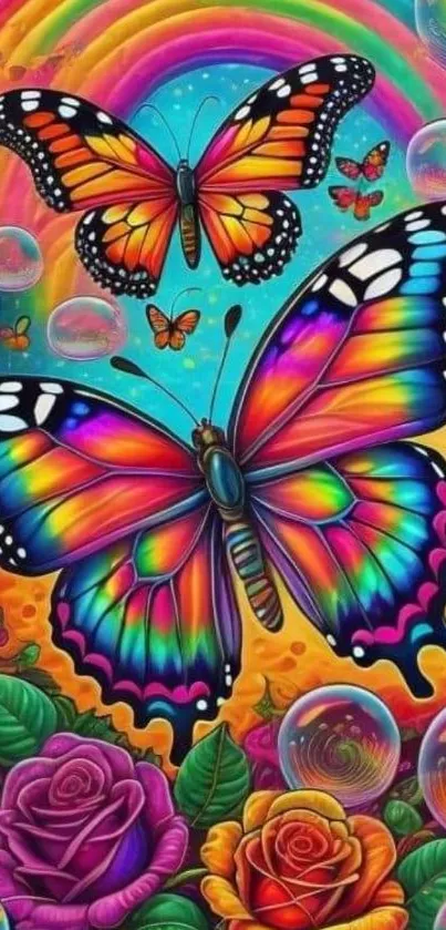 Vibrant butterflies with rainbow and bubbles on a lively mobile wallpaper.