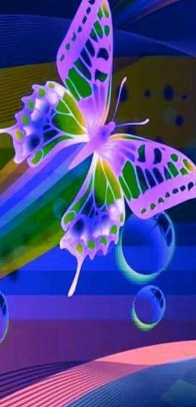 Vibrant butterfly with rainbow colors on abstract background.