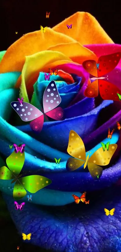 Rainbow rose with butterflies in vibrant colors