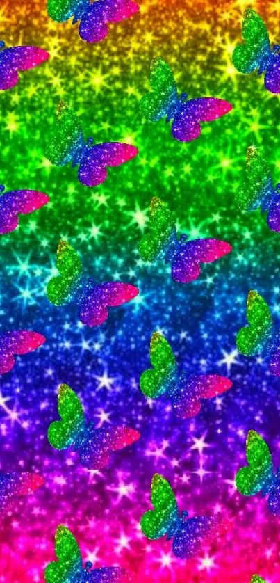 Colorful butterfly rainbow wallpaper with sparkles.