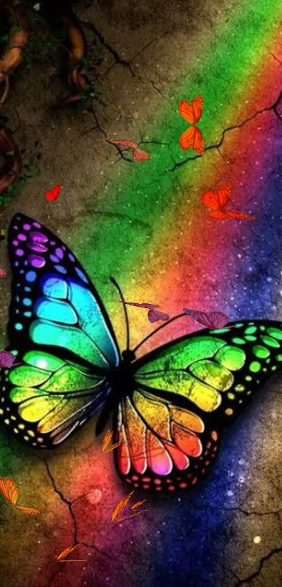 Vibrant butterfly on rainbow background wallpaper.