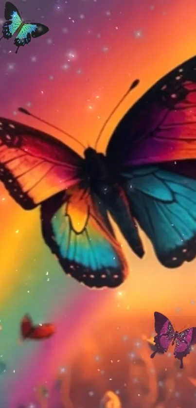 Vibrant rainbow butterfly on mobile wallpaper.