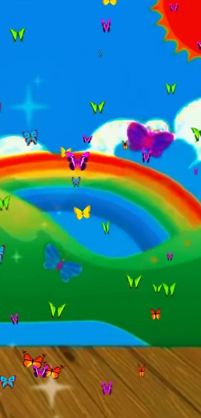 Vibrant wallpaper with butterflies and a rainbow on a sunny day.