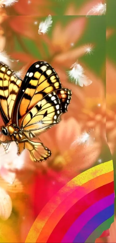 Vibrant wallpaper with butterfly, flowers, and rainbow.