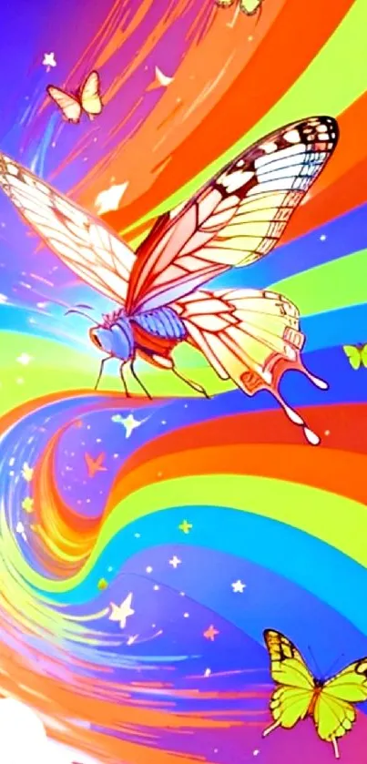 Colorful butterfly in a vibrant rainbow sky.