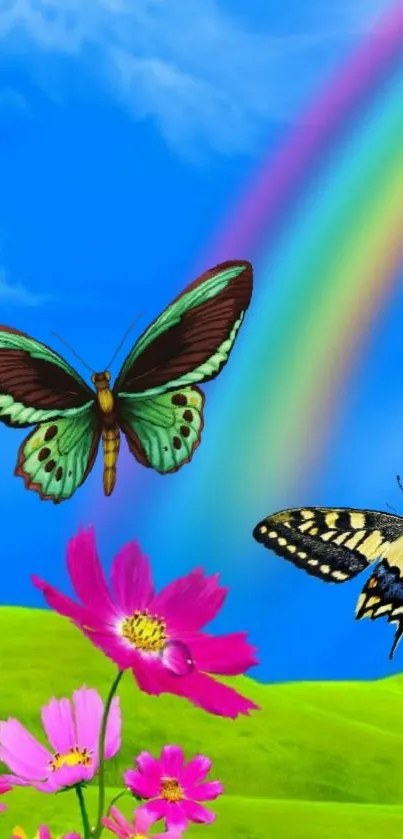 Butterflies and rainbow in a colorful nature scene.