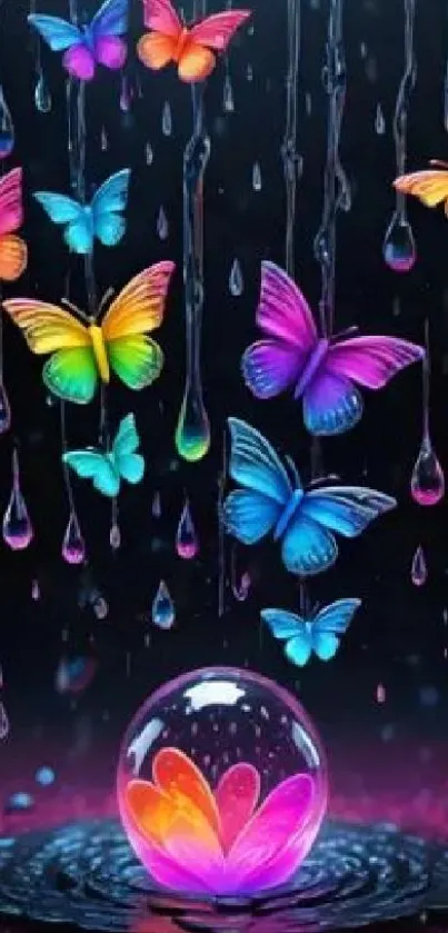 Colorful butterflies and raindrops on a dark background.