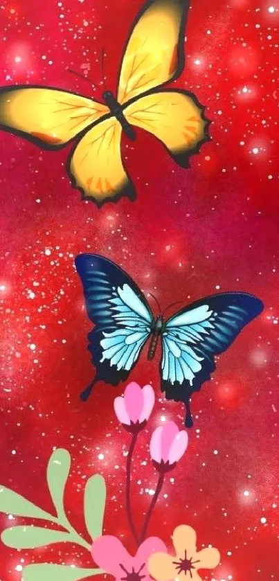 Vibrant red wallpaper with butterflies and flowers.