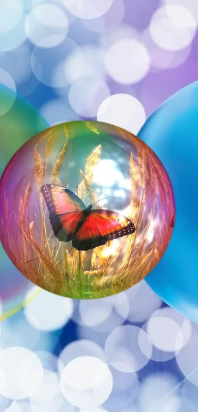 Colorful butterfly in a glowing sphere with a bokeh background.