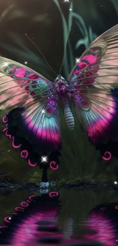 Vibrant butterfly with pink wings reflected in a pond.