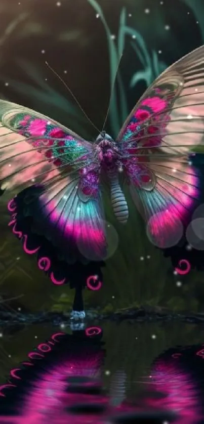 Vibrant pink and black butterfly reflecting over water with floral background.