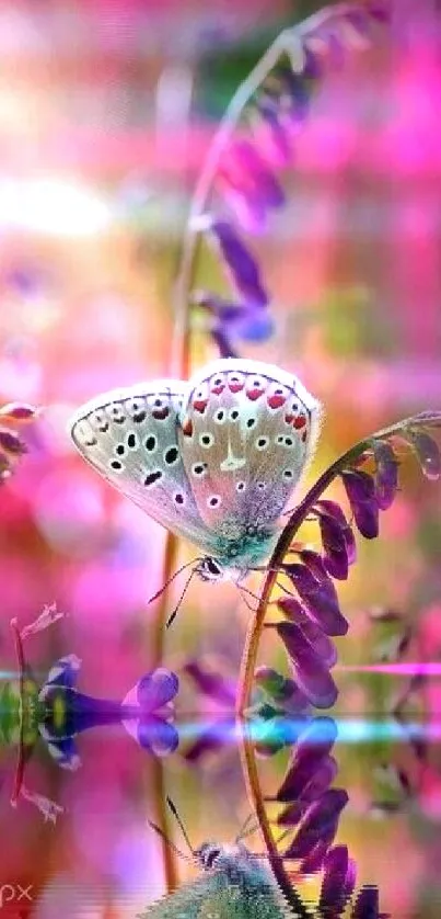 Colorful butterfly reflected among vibrant pink flowers.