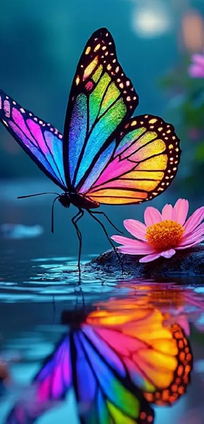 Vibrant butterfly with rainbow wings and flower reflecting on water.